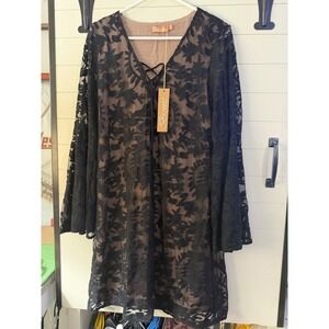 Brontë Women's Large Black Embroidered Mesh Lace Overlay Dress Boho Sheer NWT